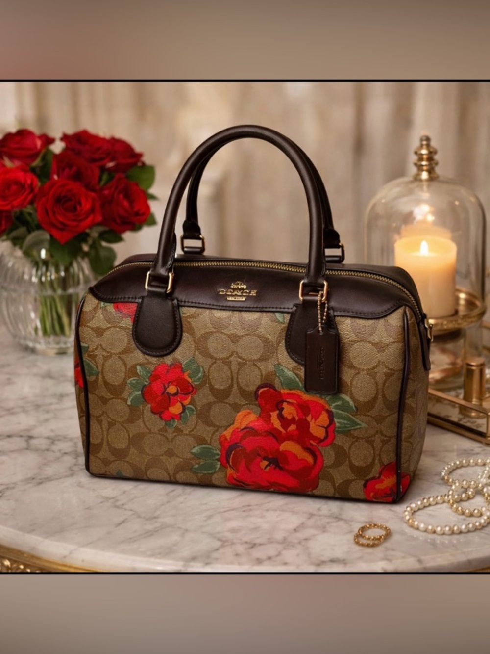Coach Brown Signature Satchel with Red Floral Print